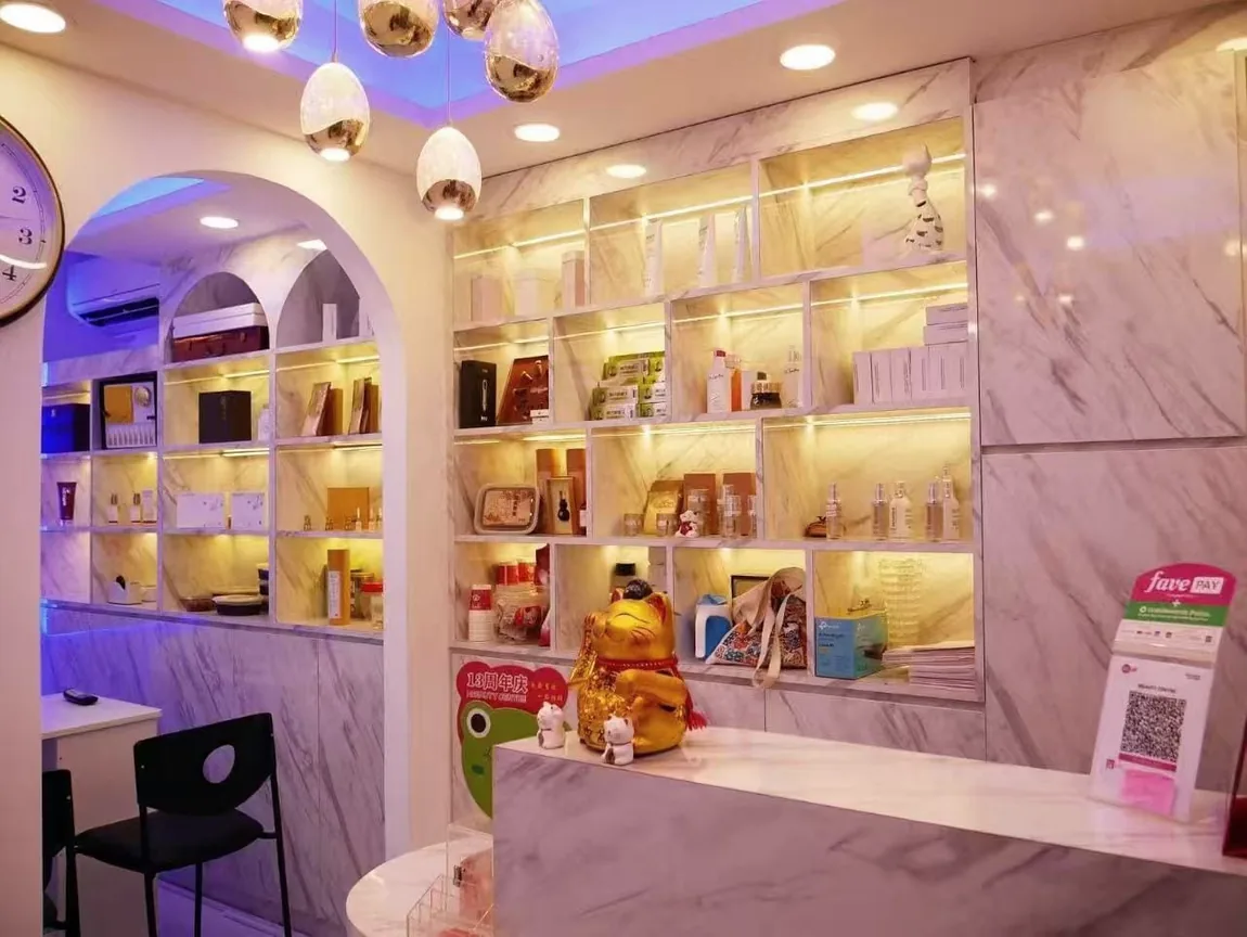 iBeauty Centre's real reception area with illuminated product shelves